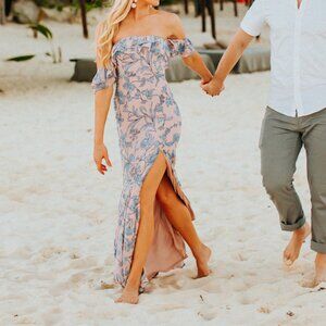 Lulus Floral Maxi Dress with Slit and Flutter Sleeve XS